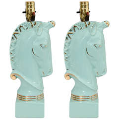 Retro Pair of Seafoam Green Sculptural Horse Head Lamps