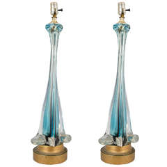 Midcentury Pair of Tall Blue and Clear Murano Glass Table Lamps