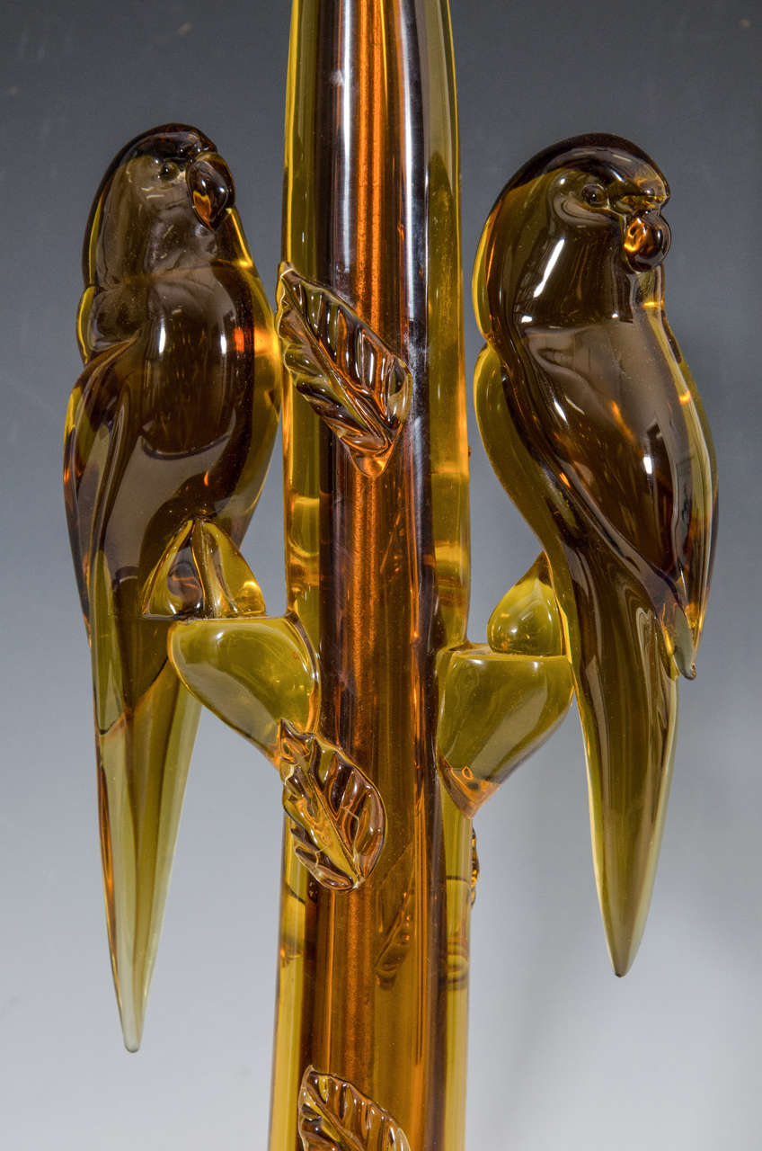 Italian Magnificient Pair of Amber Colored Murano Glass Parrot Lamps by Alfredo Barbin For Sale
