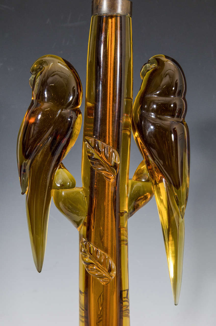 20th Century Magnificient Pair of Amber Colored Murano Glass Parrot Lamps by Alfredo Barbin For Sale