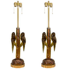 Magnificient Pair of Amber Colored Murano Glass Parrot Lamps by Alfredo Barbin