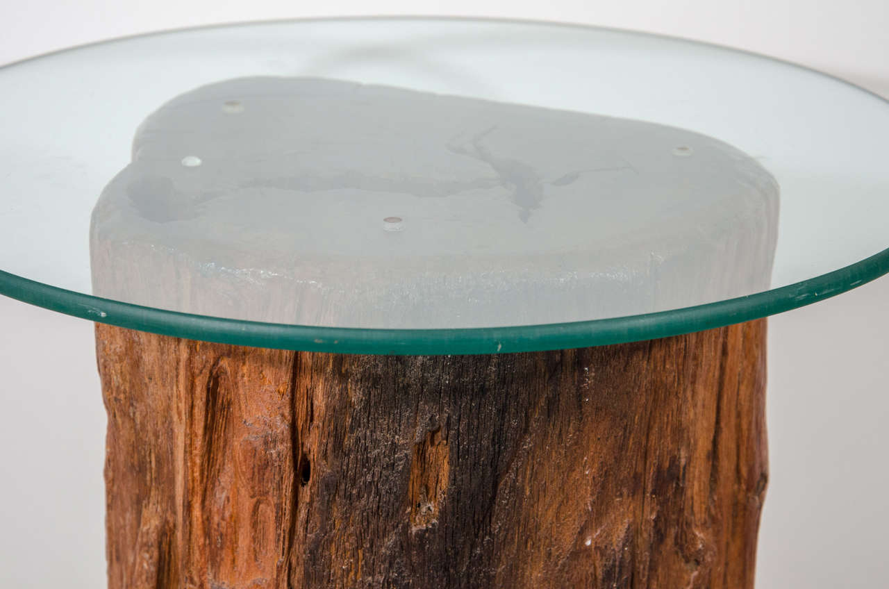 tree trunk table with glass top