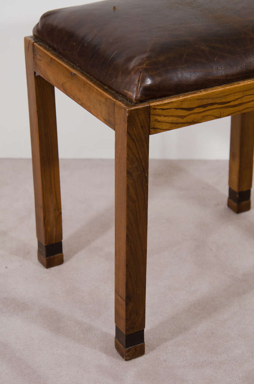 American Handmade Folk Art Stool with Brown Leather Seat