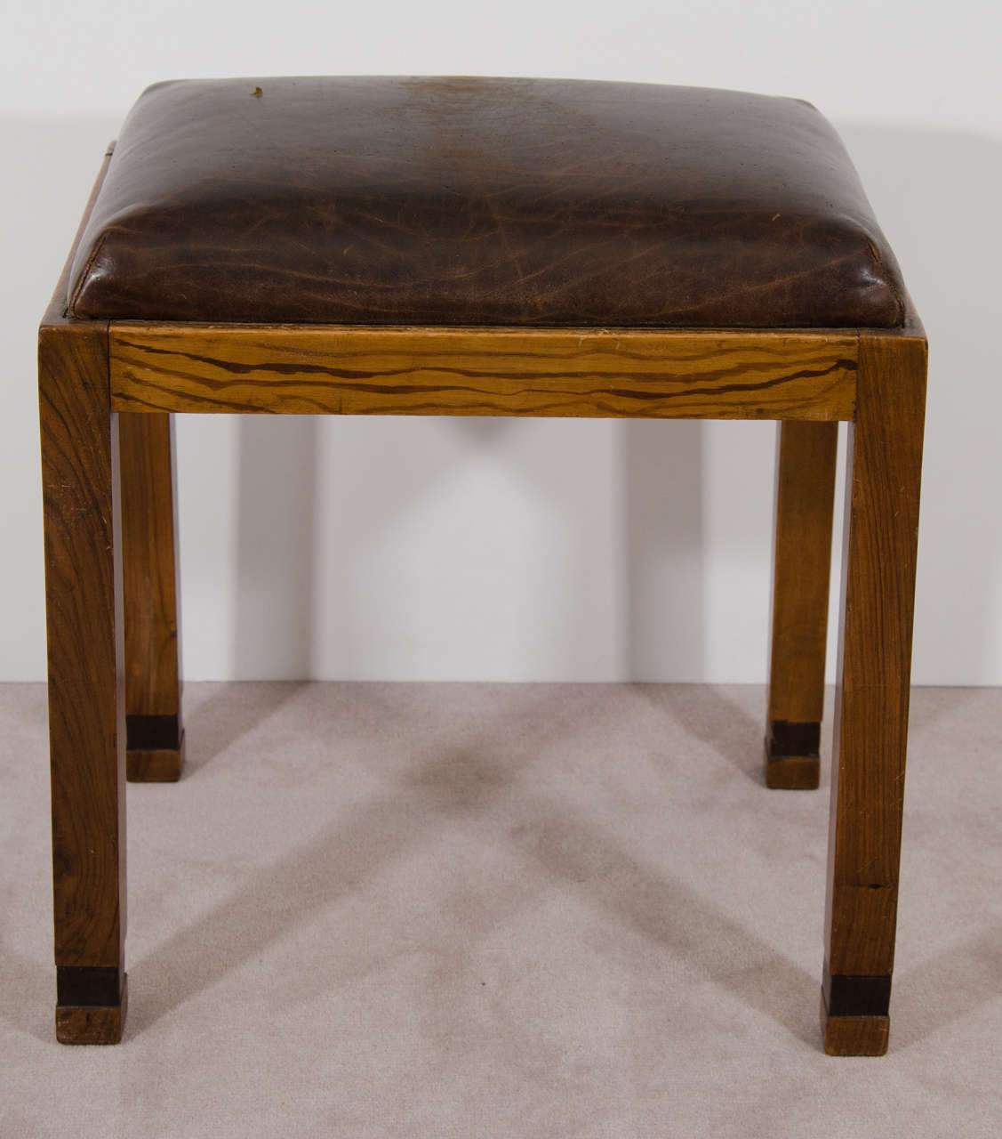 Handmade Folk Art Stool with Brown Leather Seat In Good Condition In New York, NY