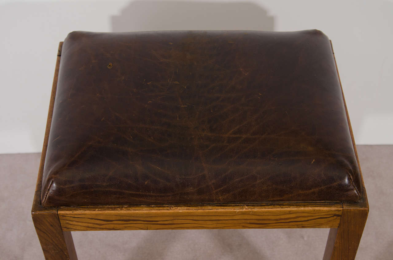 Wood Handmade Folk Art Stool with Brown Leather Seat