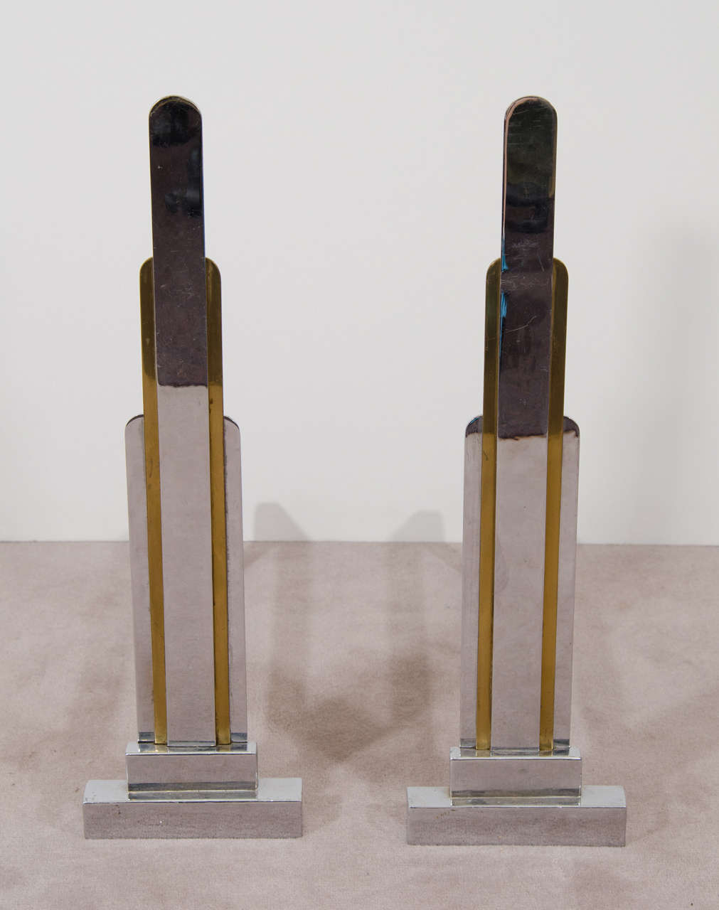 French Art Deco Pair of Bronze Skyscraper Form Andirons by Jules Buoy