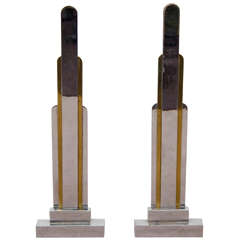 French Art Deco Pair of Bronze Skyscraper Form Andirons by Jules Buoy