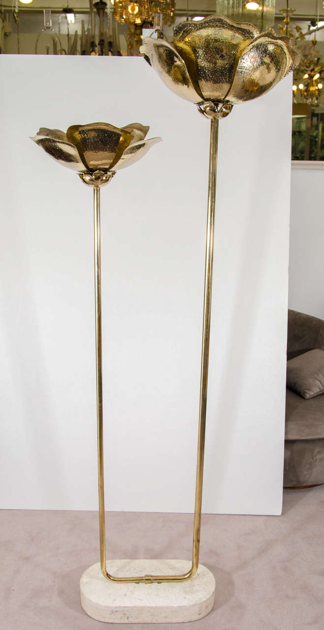 Midcentury Pair of Tommaso Barbi Floor Lamps with Hammered Brass Flowers
