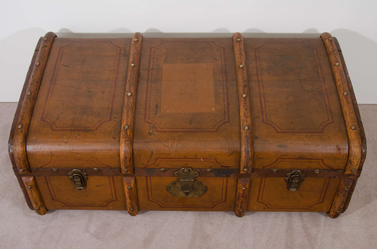 Brass Antique English Wooden Hand-Painted Trunk