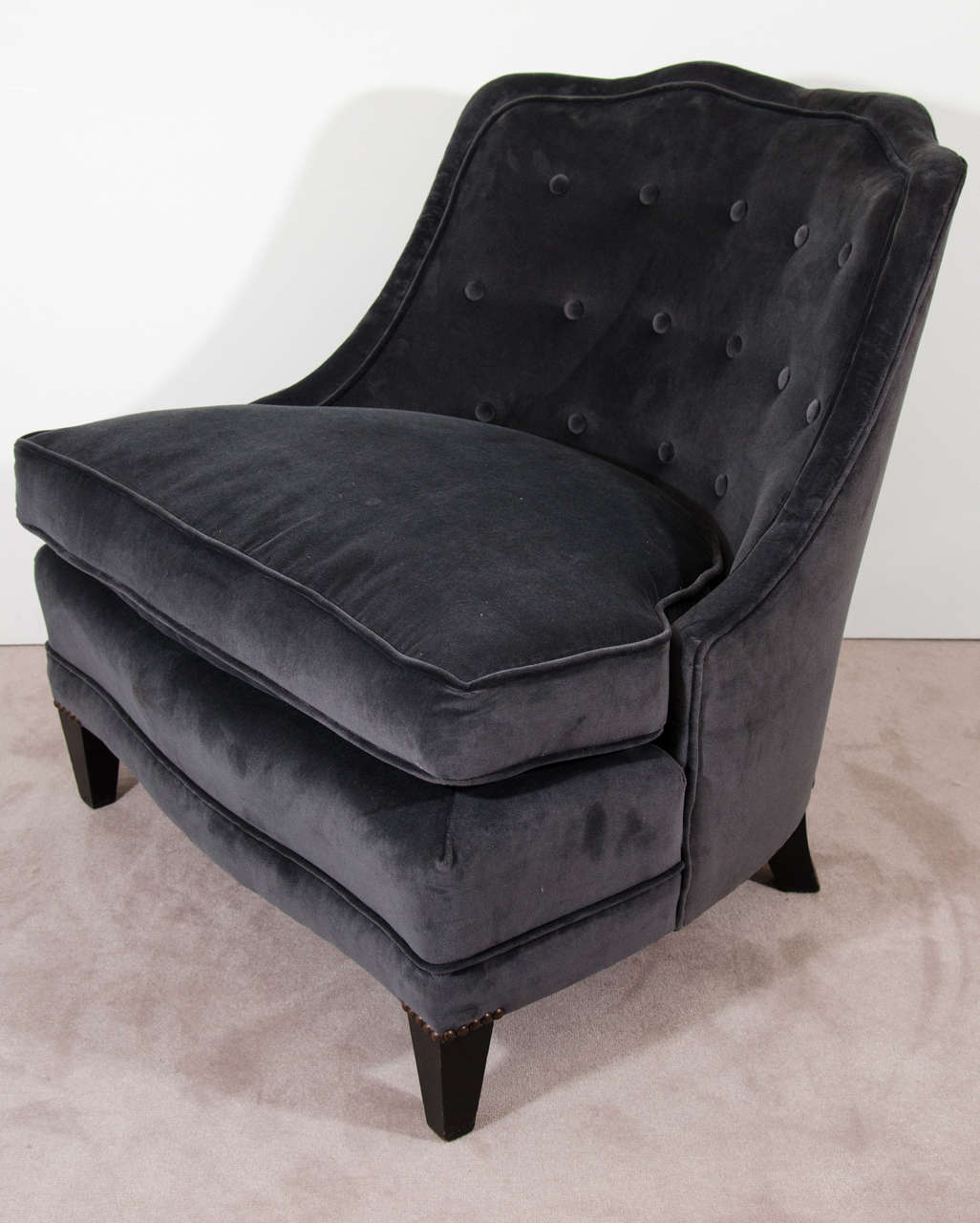 Midcentury Pair of Barrel Back Henredon Chairs in Charcoal Velvet