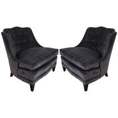Midcentury Pair of Barrel Back Henredon Chairs in Charcoal Velvet