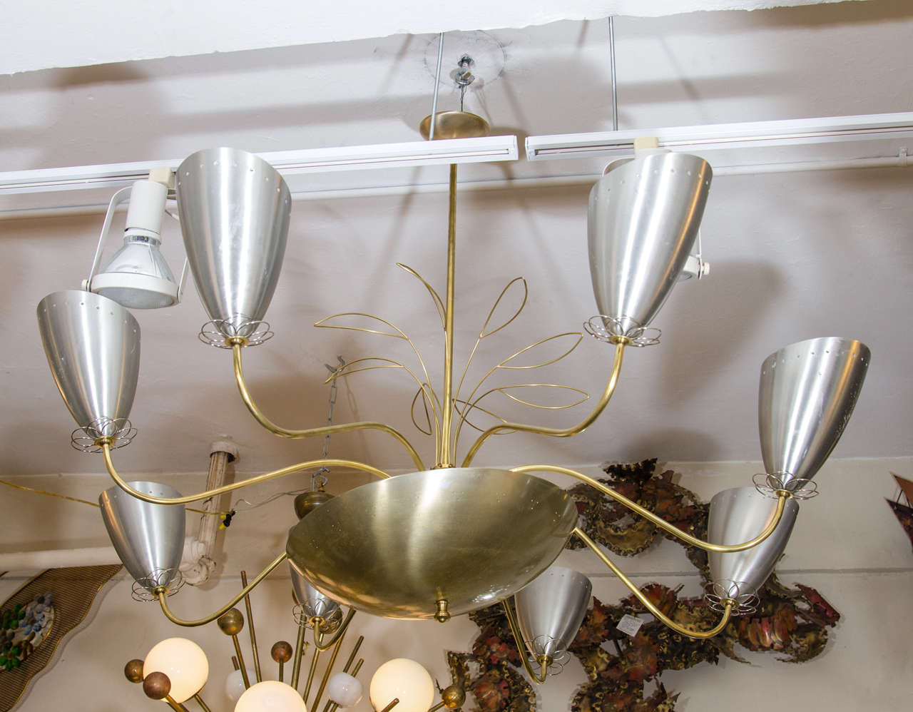 Midcentury  Brushed Aluminum and Brass Chandelier Attributed to Paavo Tynell