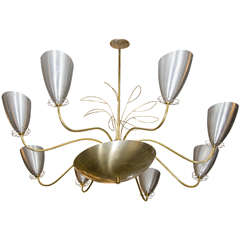 Midcentury Brushed Aluminum and Brass Chandelier Attributed to Paavo Tynell