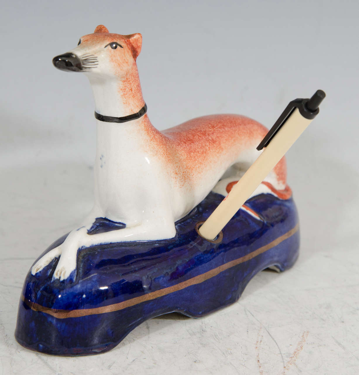 English 19th Century Staffordshire Greyhound Desk Dogs with Pen Holder Base