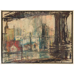 Midcentury Oil on Canvas of the Brooklyn Bridge by Stanley Sobossek