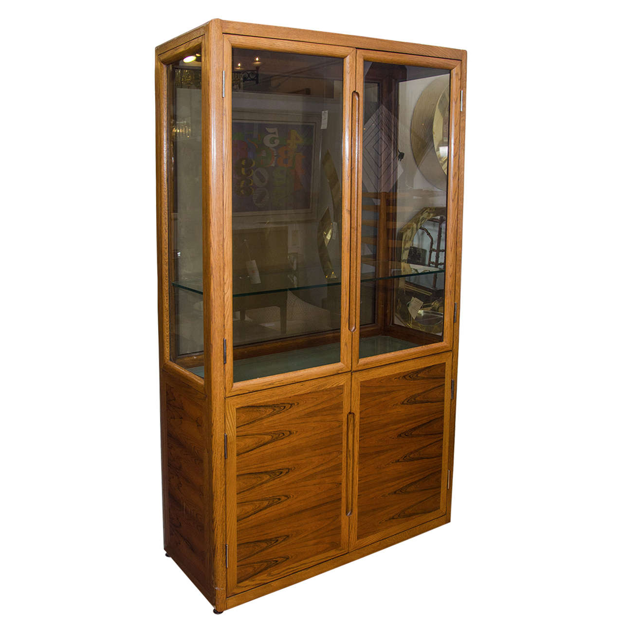 Midcentury Dunbar Double Door Wood and Glass Display Cabinet