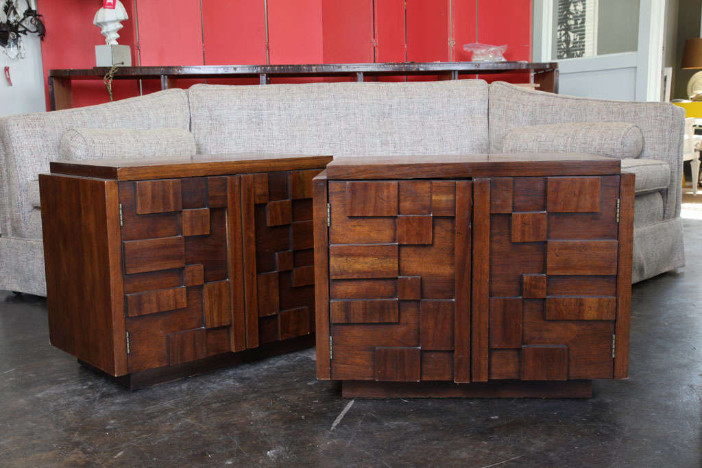 Pair of Brutalist Lane Mosaic walnut nightstands with sculptural block fronts.