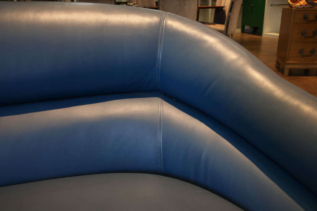20th Century Blue Leather Sofa with Brass Plinth Base