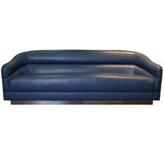 Blue Leather Sofa with Brass Plinth Base