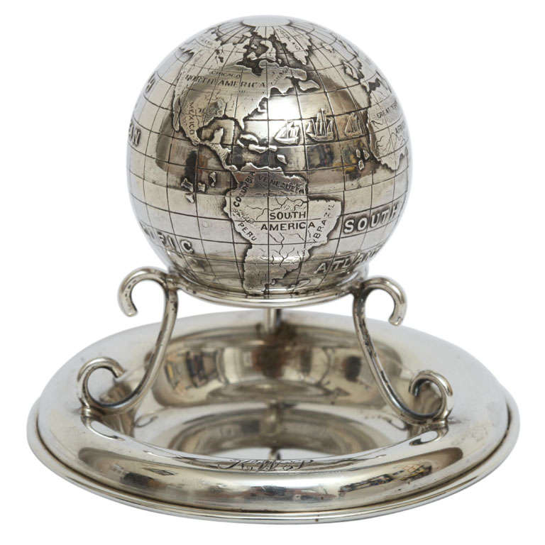 Rare Sterling Silver Desk Globe Compass