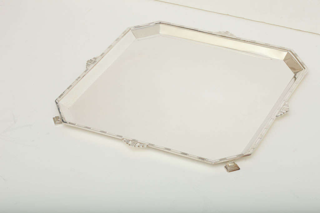 English Oversized Art Deco Silver Plate Tray with Geometric Motif