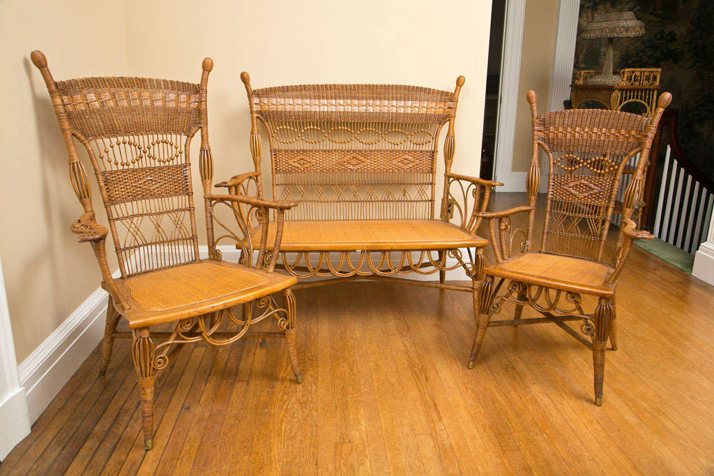 Large and comfortable three piece Victorian Parlor Set in original, natural finish. Lady's chair 41.5