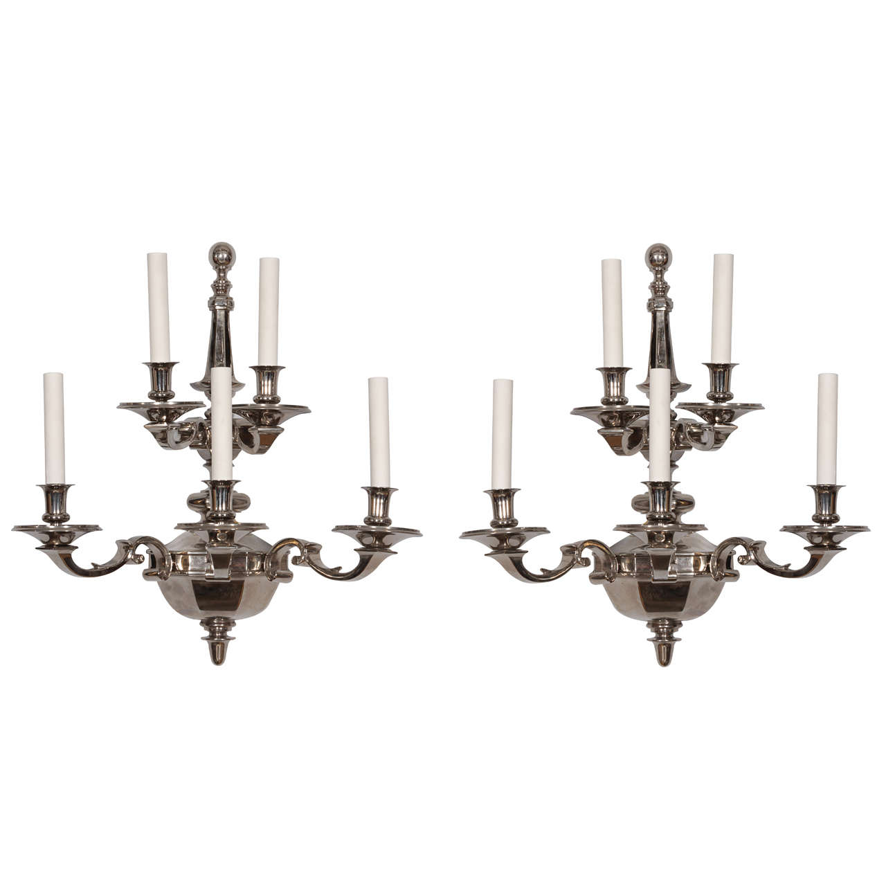 Pair of Large Two-Tiered Nickel-Plated Bronze Sconces