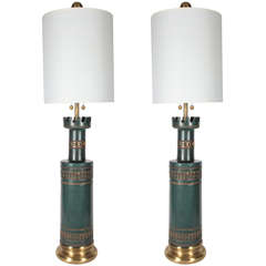 Pair of Jade Green Ceramic Lamps by Marbro 7