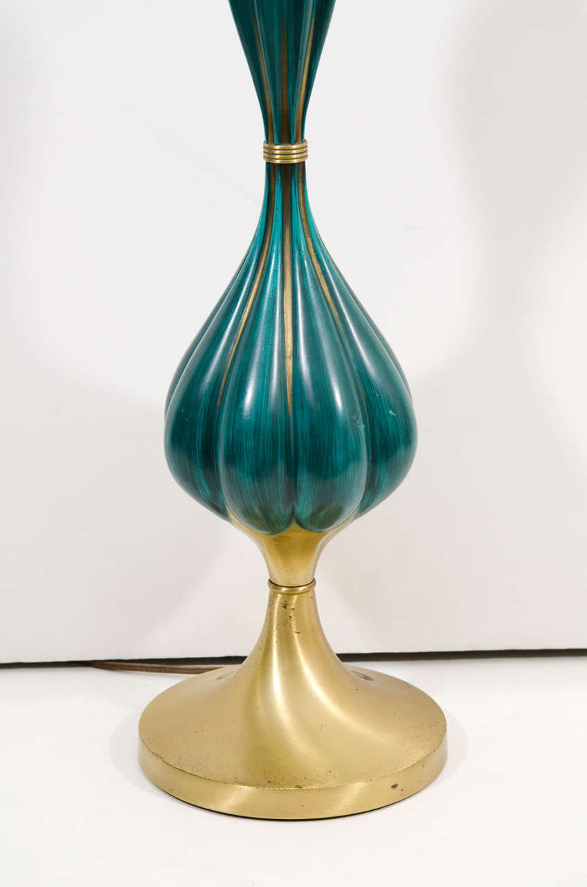 Pair of Turquoise Blue Enameled Brass Lamps In Good Condition In New York, NY