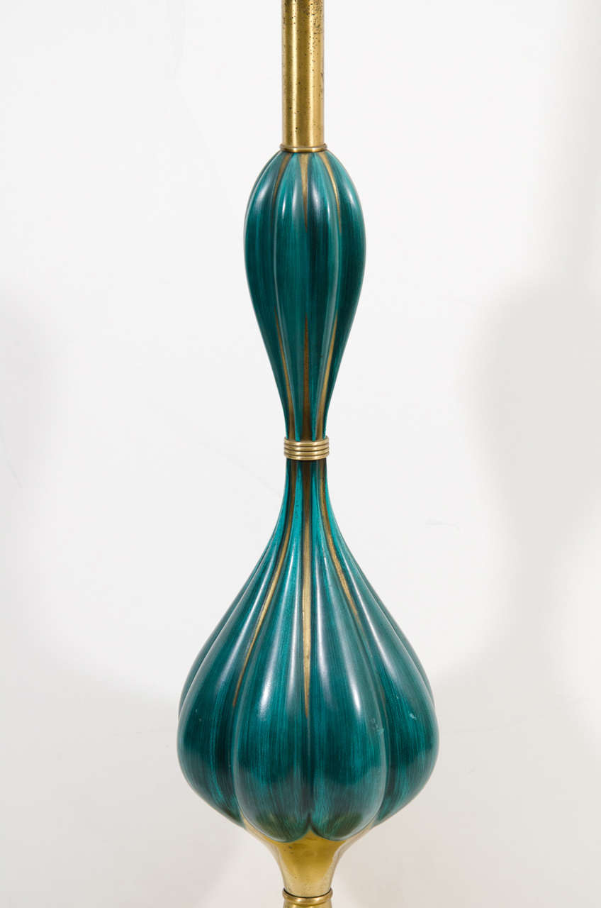 Mid-20th Century Pair of Turquoise Blue Enameled Brass Lamps