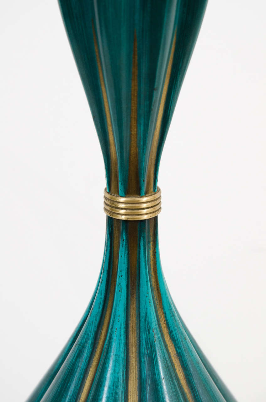 Pair of Turquoise Blue Enameled Brass Lamps 2