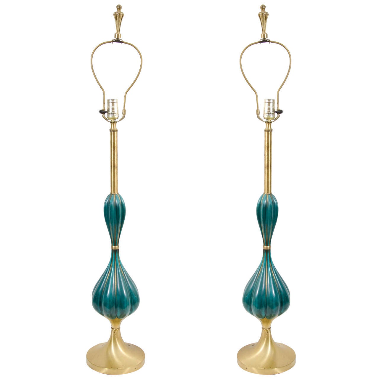 Pair of Turquoise Blue Enameled Brass Lamps