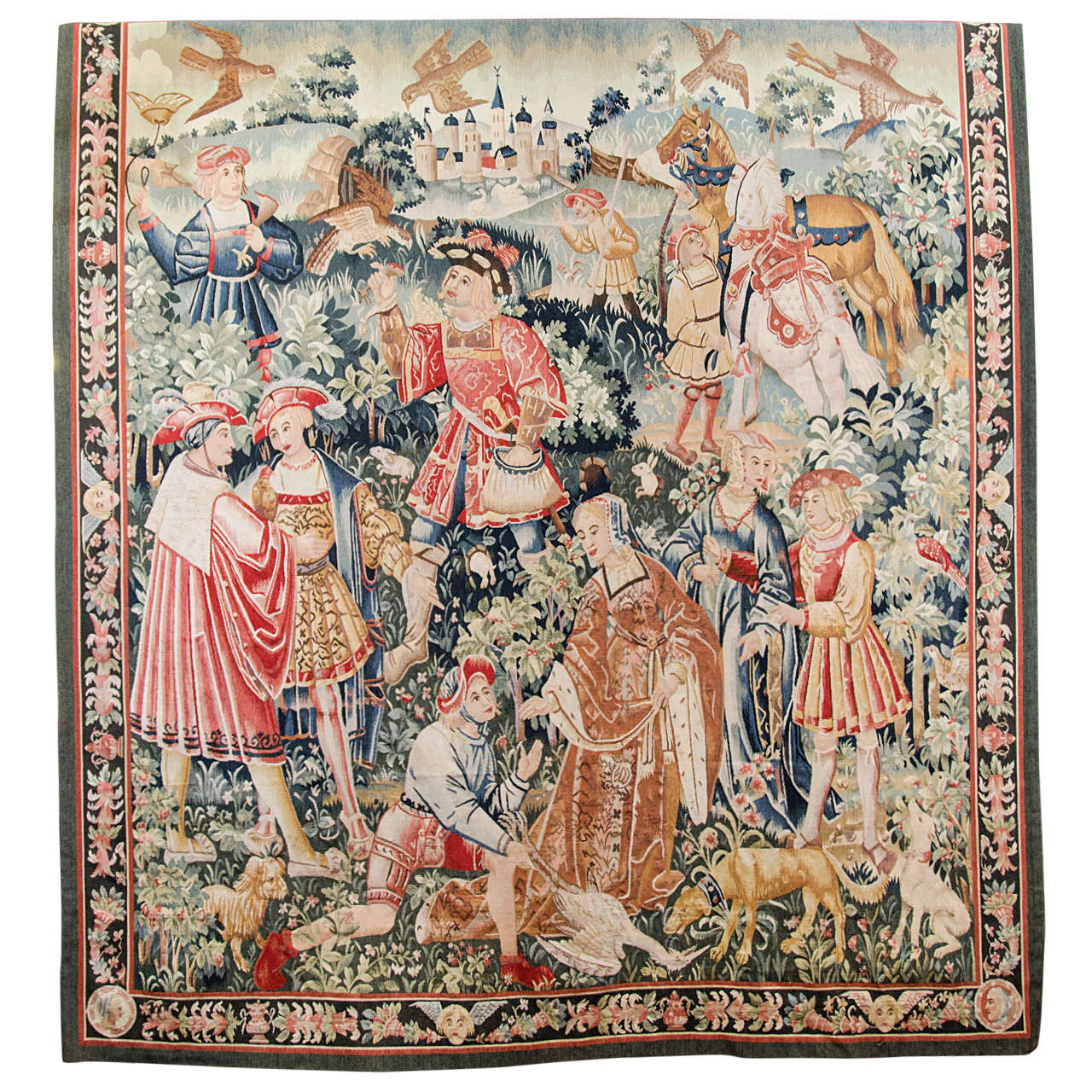 A large, colorful tapestry depicting animals, flowers and figures in medieval attire.

Reduced from: $6,800