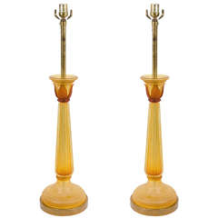 Pair of Mid Century Floral Motif Gold Tone Murano Glass Lamps