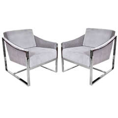 Pair of Mid Century Chrome and Velvet Milo Baughman Chairs