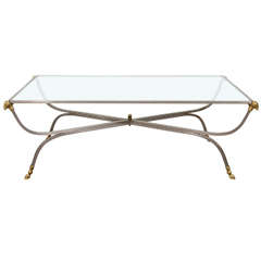 Mid Century Glass and Steel Coffee Table After Maison Jansen