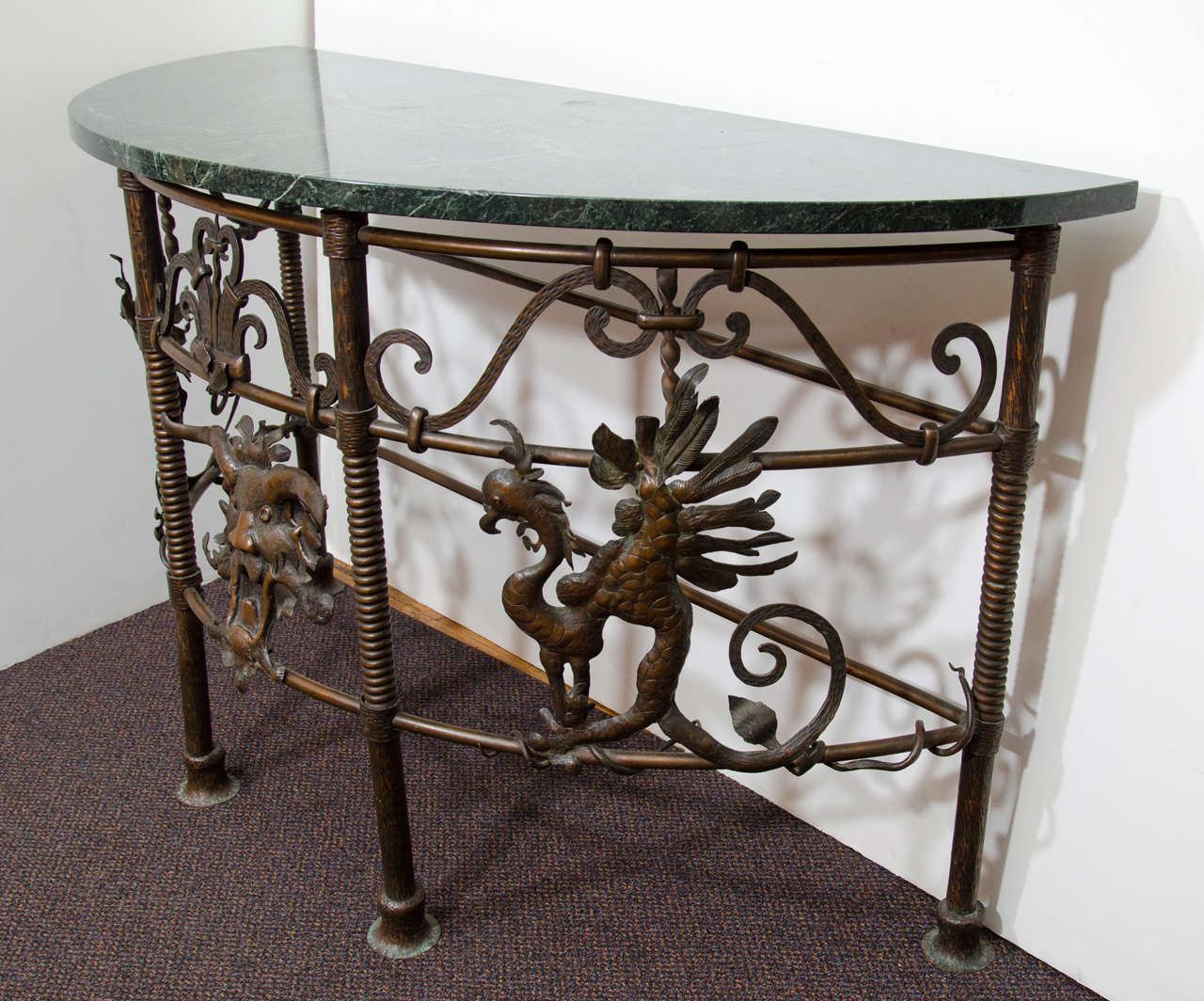 Amazing Art Deco Mythological Bronze and Marble Demilune Console Table