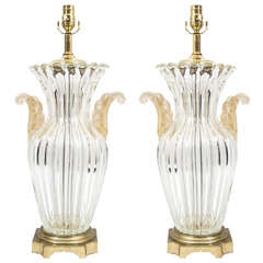 A Midcentury Murano Urn Lamps in Clear and Gold Glass by Seguso