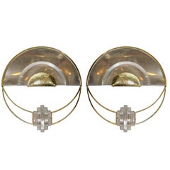 Pair of Chrome Demilune Sconces with Brass and Lucite Details