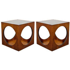 Great Geometric Pair of Mid-Century Side Tables with Circular Details