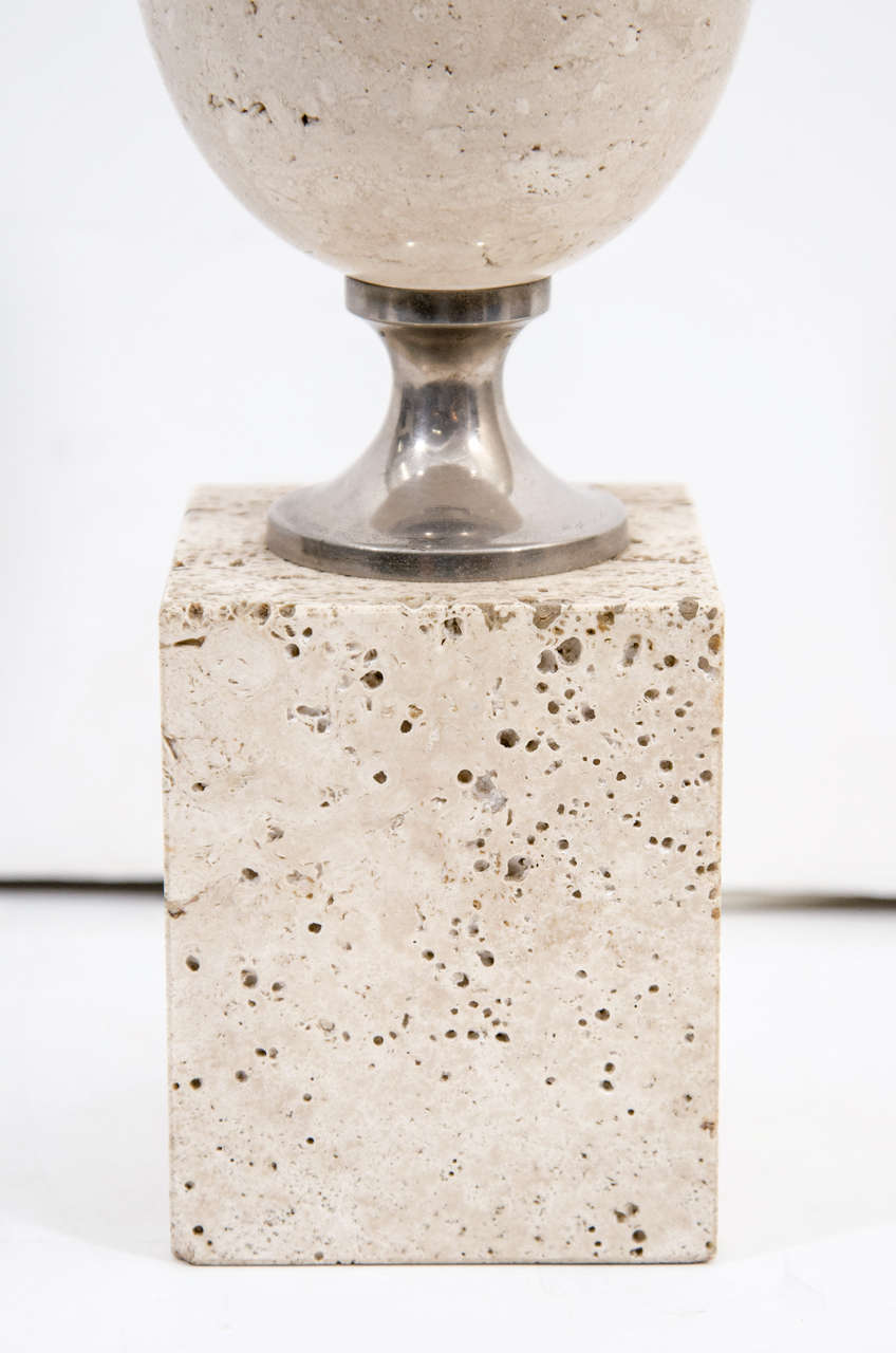 French Mid Century Oval Travertine Table Lamp by Maison Barbier