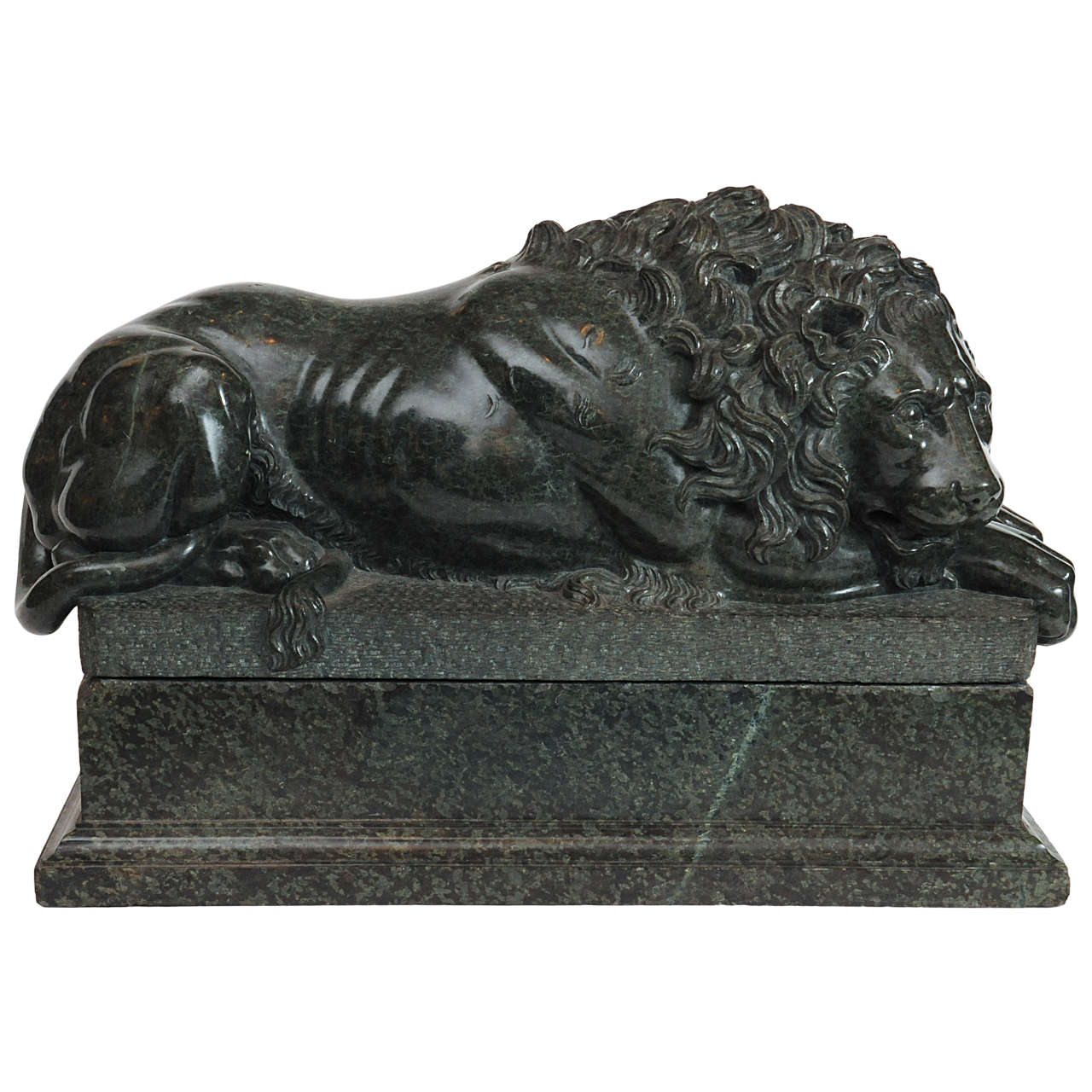 Green Marble Model of a Recumbent Lion For Sale