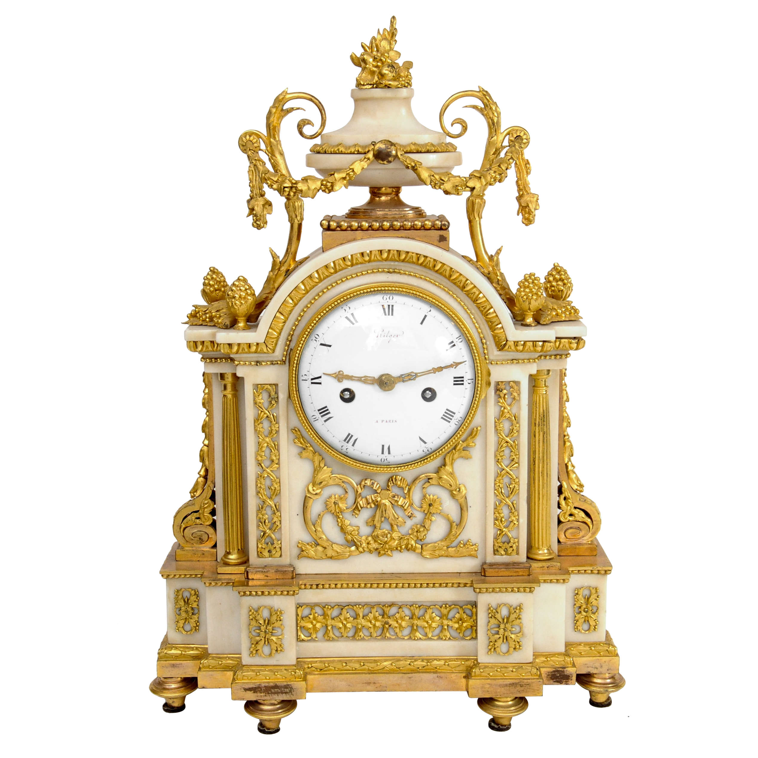 French Louis XVI Ormolu-Mounted Marble Mantel Clock, circa 1780 For Sale
