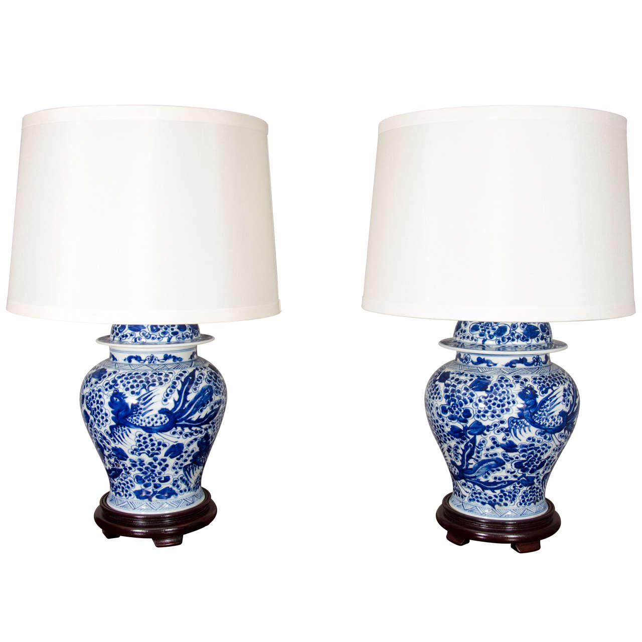 Pair of Blue and White Chinese Temple Jar Lamps