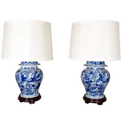 Pair of Blue and White Chinese Temple Jar Lamps