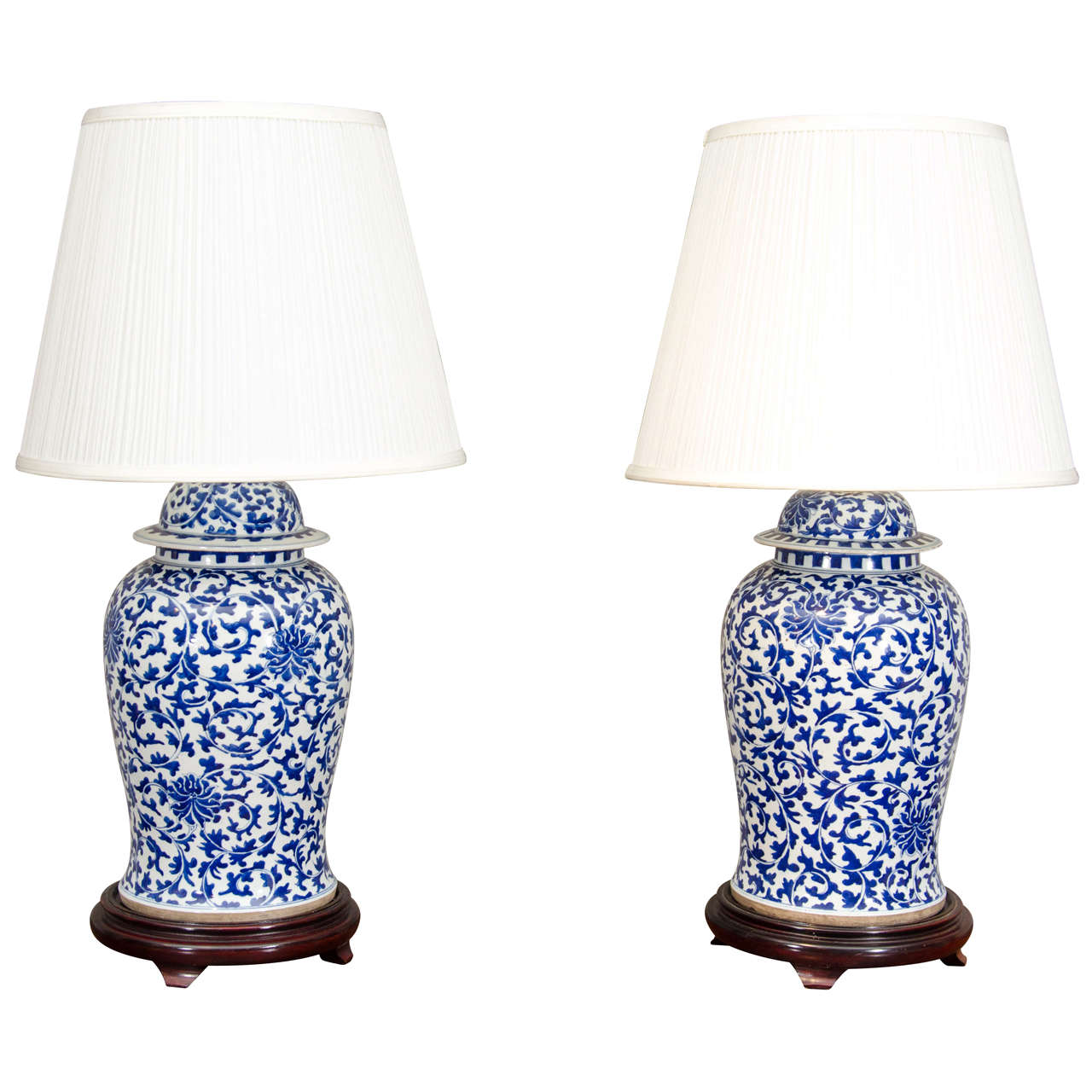 Pair of Chinese Blue and White Porcelain Temple Jar Lamps