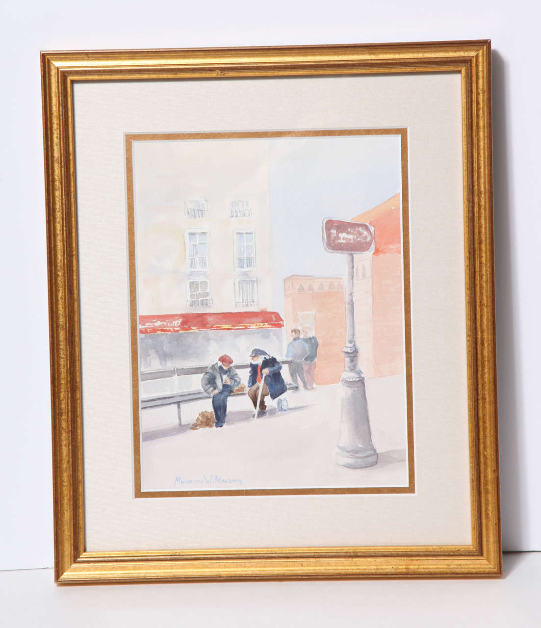 Beautiful water color painting by Maureen Wilkenson, CT.
Street life in Paris, circa 1960. New frame.