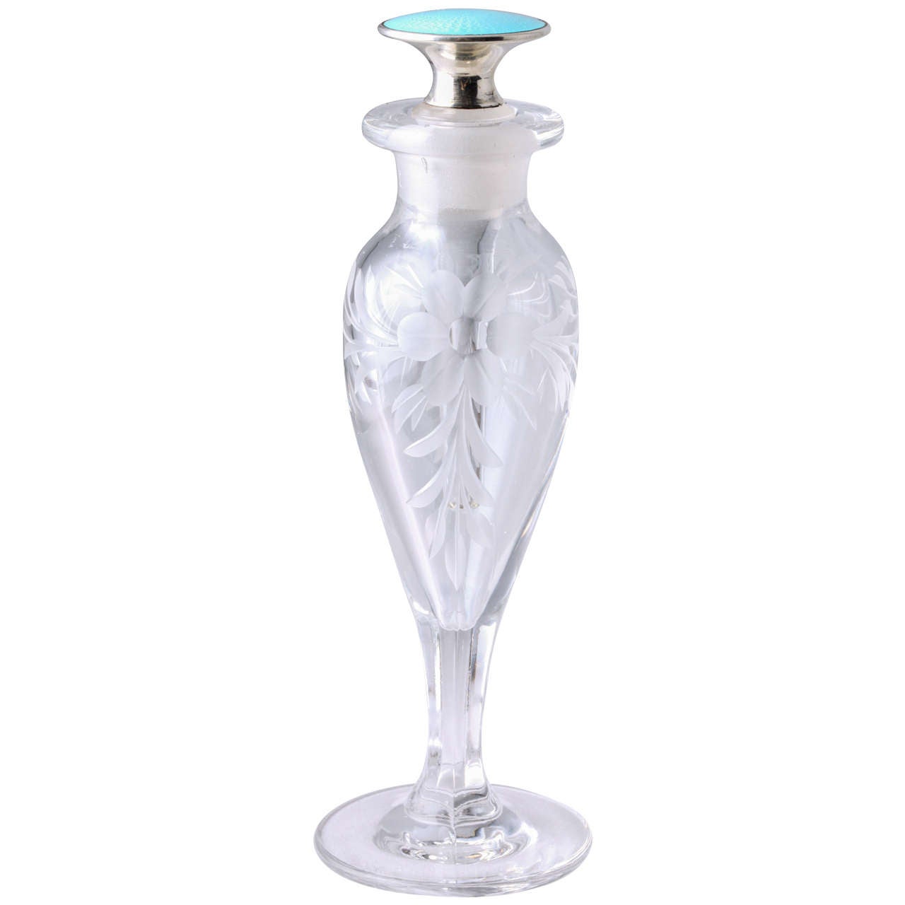 Art Deco Sterling Silver-Mounted, Blue Guilloche Enamel, Etched Perfume Bottle