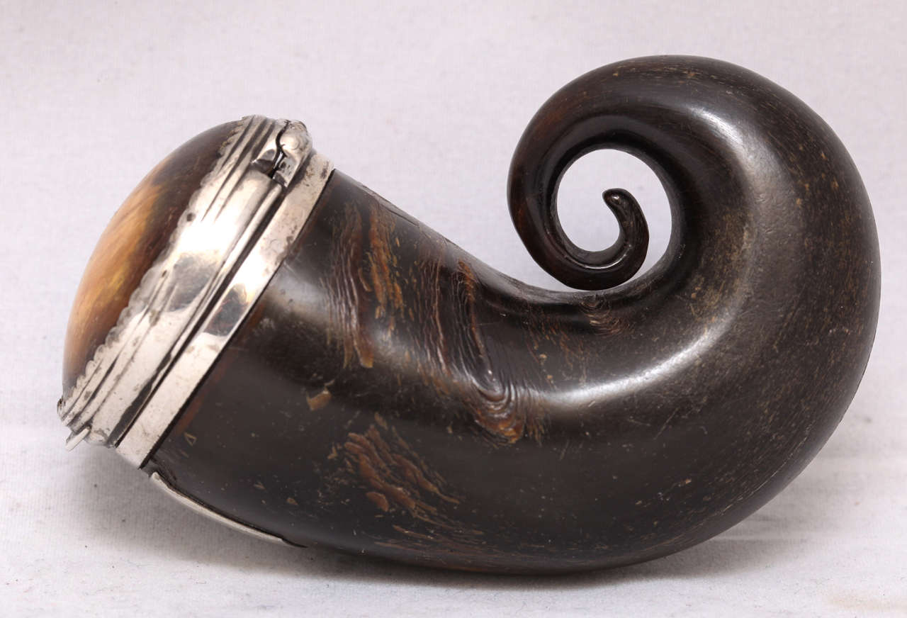 Georgian, sterling silver-mounted (unmarked but tested) Horn Scottish snuff mull with hinged lid, Scotland, circa 1800. Vacant sterling silver cartouche. Measures 7