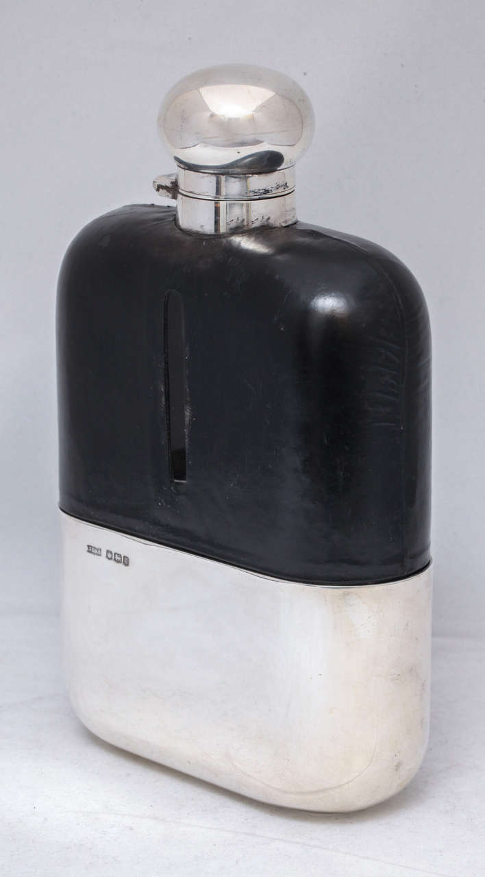 Art Deco, very large sterling silver, glass and leather flask, Sheffield, England, 1924, J. Davis & Sons - makers. Measures: 7 1/2